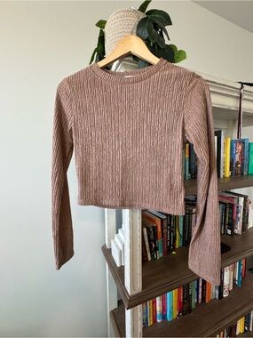 Active USA Brown Ribbed Long-Sleeve Crop Top